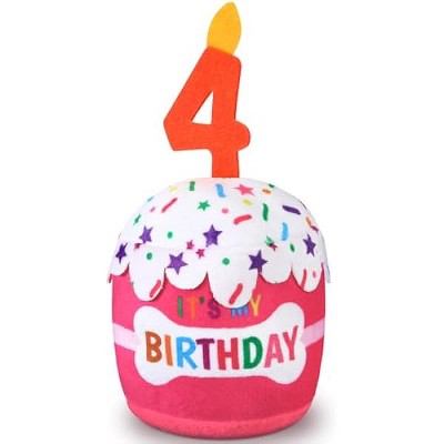 Dog 4th Birthday Cake Toy Accessories for Girl Boy Gifts, Pink Squeaky Plush Toy for Dog Birthday Party Decor Favor for Large, Medium and Small Dogs