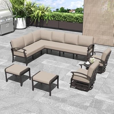 ALAULM Patio Furniture Set 10-Piece Aluminum Sectional Sofa with Armrest, Modern Outdoor Conversation Set