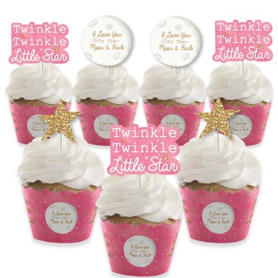 Big Dot of Happiness Pink Twinkle Twinkle Little Star - Cupcake Decoration - Baby Shower Birthday Party Cupcake Wrappers & Treat Picks Kit - Set of 24