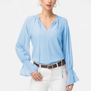 Anna-Kaci Women's Long Sleeve Blouse with Flounce Cuffs and Ruffle Trim Tie Neck Design - 1 of 4