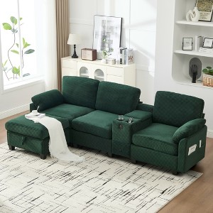 104.72''L-Shaped Sectional Sofas£¬ Corduroy Sofa with Cup Holders, USB Charging, Movable Ottoman & Storage Console for Apartment - 1 of 4