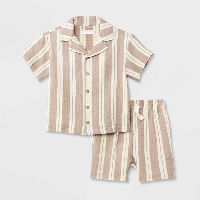 Image of Grayson Mini Toddler Boys' Short Sleeve Striped Button-Down Shorts Set - Beige 18M