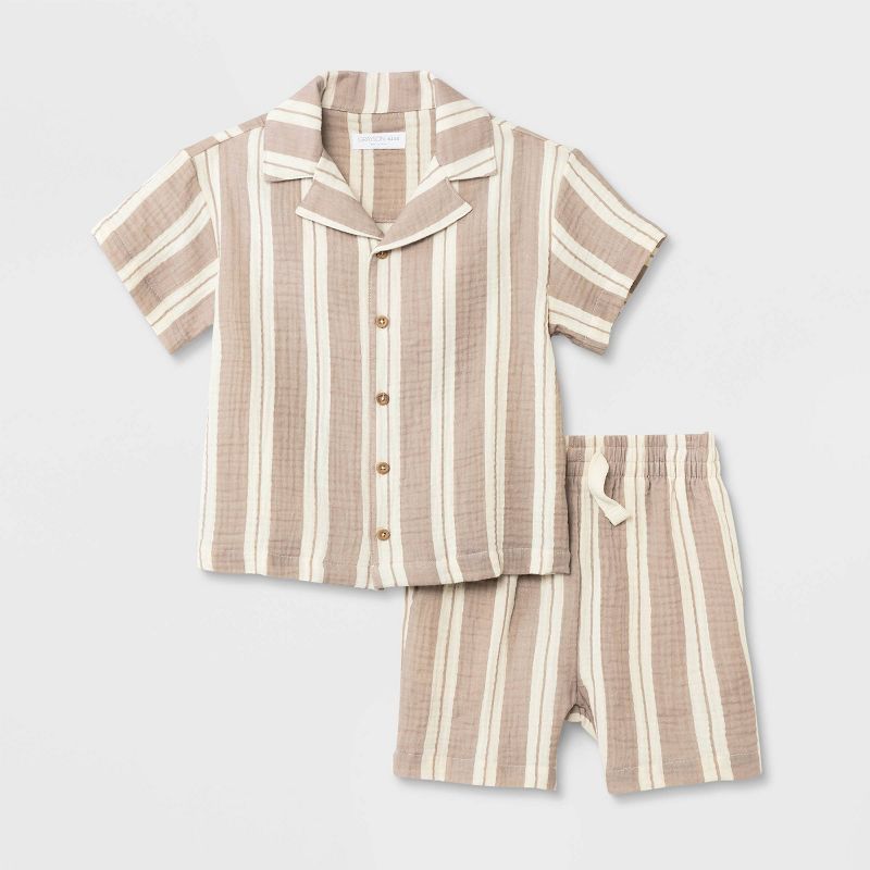 Grayson Mini Toddler Boys' Short Sleeve Striped Button-Down Shorts Set - Beige, 1 of 5