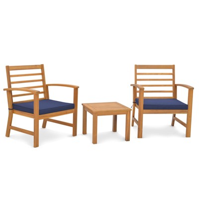 Tangkula 3PCS Furniture Set Acacia Wood Conversation Set w/ Soft Seat Cushions Outdoor