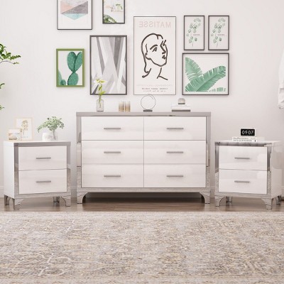 3 Piece Wood Dresser and 2 Nightstands Set, Black MDF Modern Bedroom Dresser Set with Metal Handles and Mirrored Decoration-Coolbibila