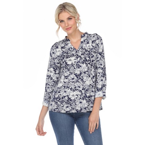 Women's Pleated Casual Floral Blouse Navy Large - White Mark : Target