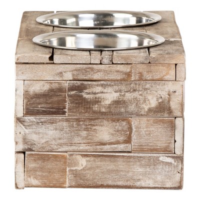 Large Rustic Reclaimed Wood Elevated Pet Feeder with Stainless Steel Bowls