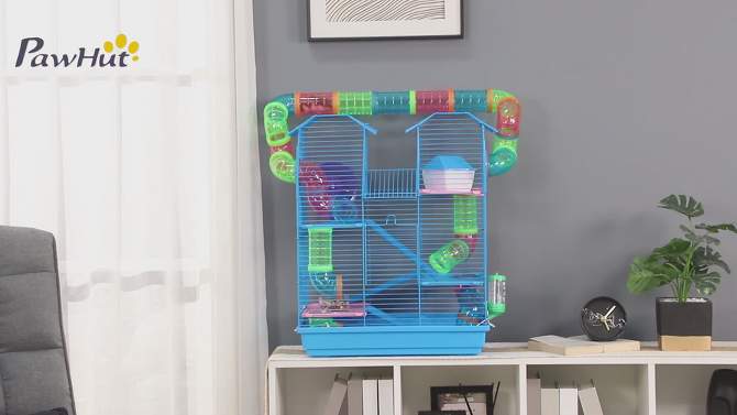 PawHut 5 Tiers Hamster Cage Small Animal Rat House Mice Mouse Habitat with Exercise Wheels, Tube, Water Bottles, and Ladder, Blue, 2 of 8, play video