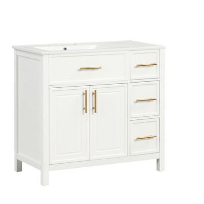 Vynxaria 36" White Freestanding Bathroom Vanities Cabinet with Dual Doors Triple Drawers 33.9"H