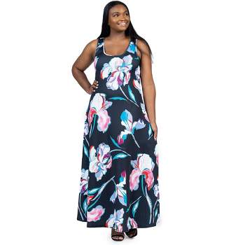 24seven Comfort Apparel Plus Size Black Floral Print Scoop Neck A Line Sleeveless Maxi Dress