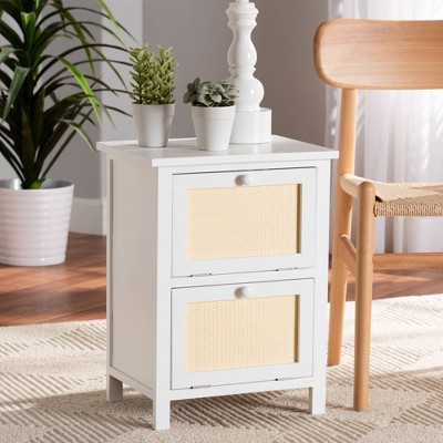 Sariah Mid-Century Rattan Accented 2-Drawer Nightstand - White