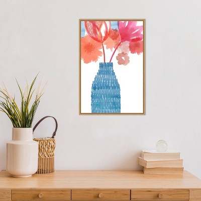 27" x 19" Coral Pink Floral Canvas Print with Teal Vase