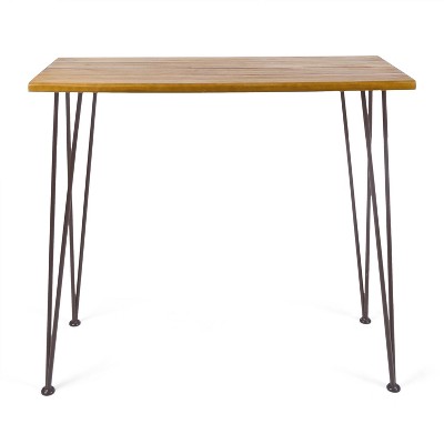 GDFStudio Dione Outdoor Industrial Acacia Wood Bar Table with Hairpin Legs, Teak