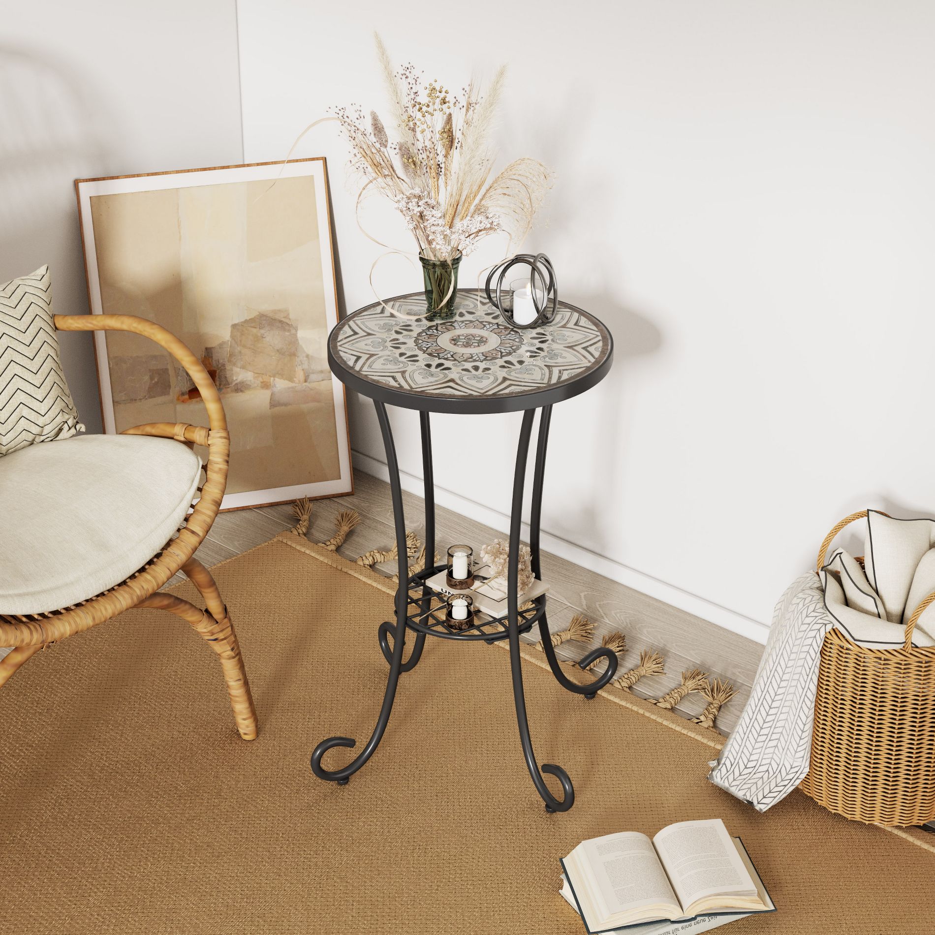 ModernLuxe Ceramic Tile Patio Side Table, Round Outdoor Accent End Table with Iron Frame for Patio, Balcony, Garden & Indoor Spaces, Brown+Black
