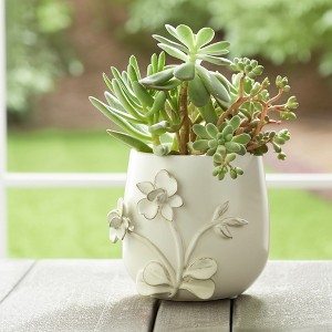 Embossed Floral Ceramic and Stoneware Planter with Sculpted Detailing and Round Body Design - 1 of 4