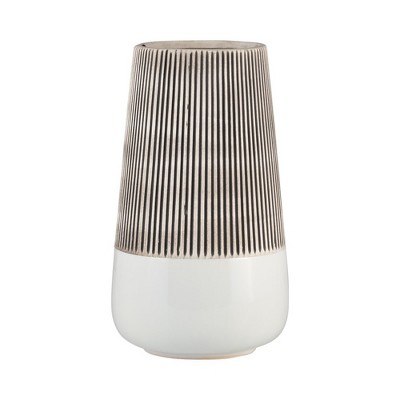 Sagebrook Home 10" Ceramic Vase - Contemporary Ivory and Beige Ridged Design Floral Vase For Decorative Table Accent - Stylish Home, Office, Event