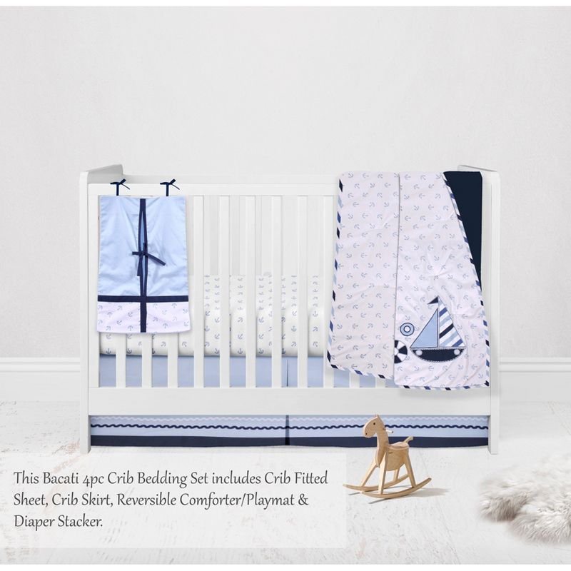 Bacati - Little Sailor Anchor Boat Blue Navy 4 pc Crib Bedding Set with Diaper Caddy, 3 of 9