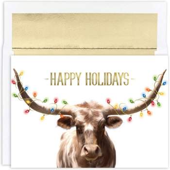 Masterpiece Studios Warmest Wishes 18-Count Boxed Christmas Cards with Foil-Lined Envelopes, 7.8" x 5.6", Longhorn Steer in Lights