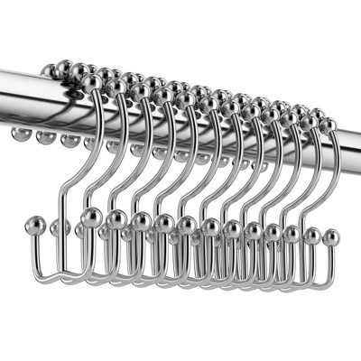 LunaLulinlk Shower Curtain Rings Hooks, Premium Stainless Steel, Rustproof, for Bathroom Shower Rods Curtains - Double Hooks-Set of 12, Chrome