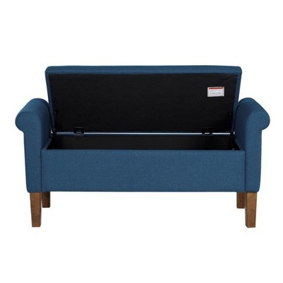 Aubrey Blue Upholstered Storage Bench with Walnut Wood Legs