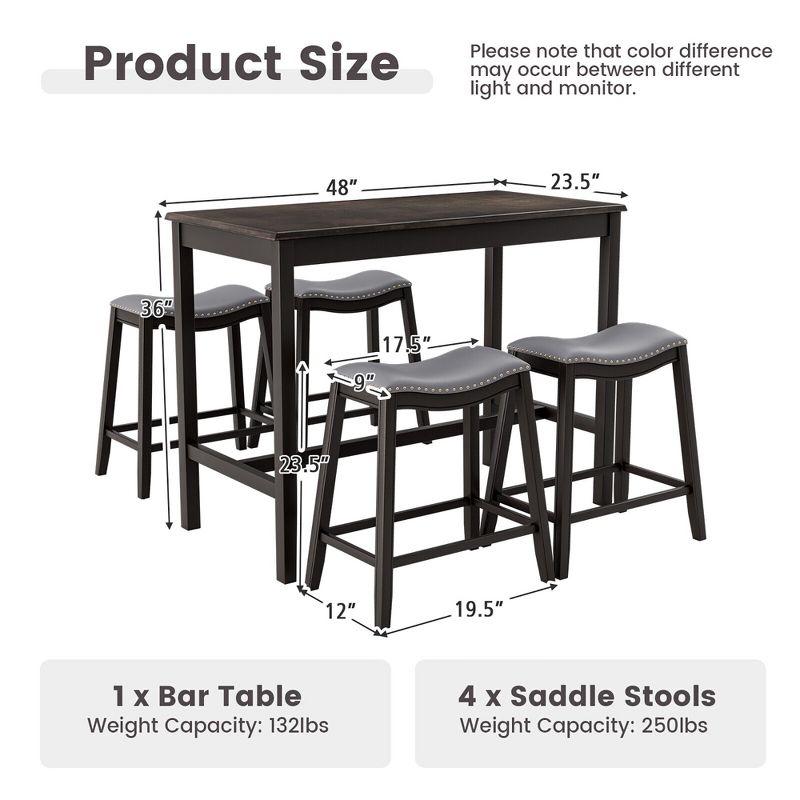 Tangkula 5PCS Bar Table Set Counter Height Table & Upholstered Saddle Stools Set for 4, 4 of 11