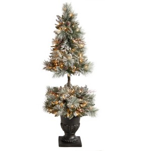 Nearly Natural 5-ft Flocked Artificial Porch Christmas Tree with 100 LED Lights and 186 Bendable Branches in Decorative Urn - 1 of 4