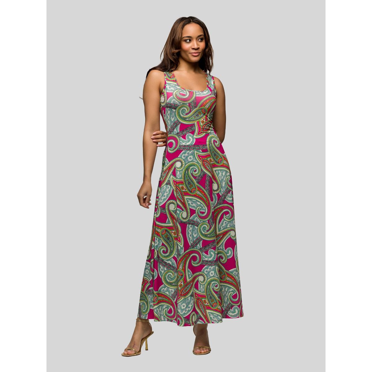 24seven Comfort Apparel Womens Hot Pink Paisley Print Scoop Neck A Line Sleeveless Maxi Dress