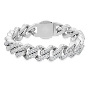 Steeltime Men's stainless steel and simulated diamonds ice out miami thick cuban link bracelet. Color Options: Silver, Gold - 1 of 4