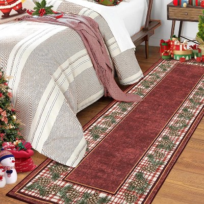 2x6 Christmas Runner Rug, Washable, Xmas Pine Cones Accent, Non-Slip, Soft Low-Pile Carpet for Kitchen, Hallway, Living Room, Laundry, Red