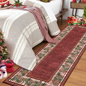 2x6 Christmas Runner Rug, Washable, Xmas Pine Cones Accent, Non-Slip, Soft Low-Pile Carpet for Kitchen, Hallway, Living Room, Laundry, Red - 1 of 4