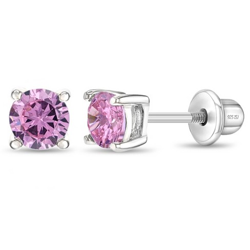 Girls' Round Solitaire Screw Back Sterling Silver Earrings - Pink - In ...