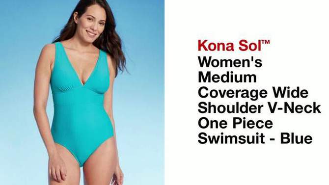 Women's Medium Coverage Wide Shoulder V-Neck One Piece Swimsuit - Kona Sol™ Blue, 2 of 6, play video