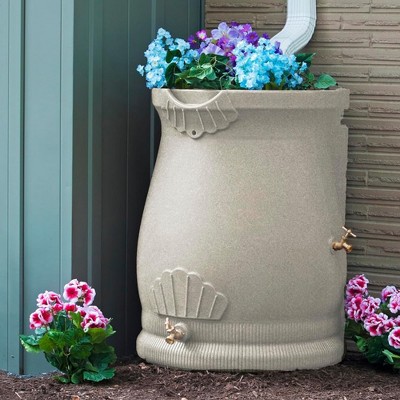 Sandstone Polyethylene 50 Gallon Urn Rain Barrel with Planter