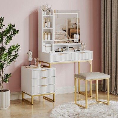 Whizmax Makeup Vanity Desk with Mirror, Vanity Table with 5 Drawers, Vanity Set with Stool and Removable Side Storage Cabinet for Bedroom