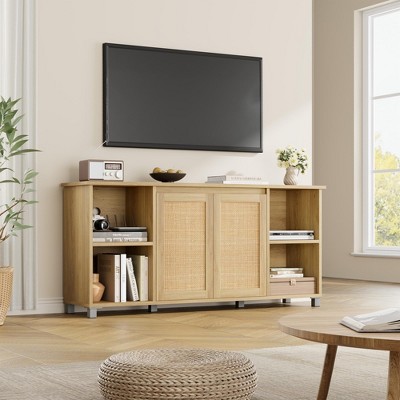 Homhougo Mid-Century Modern TV Stand, 71 Boho Media Console with Rattan Cabinet Doors, Entertainment Center Natural