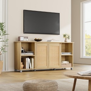 Homhougo Mid-Century Modern TV Stand, 71 Boho Media Console with Rattan Cabinet Doors, Entertainment Center Natural - 1 of 4