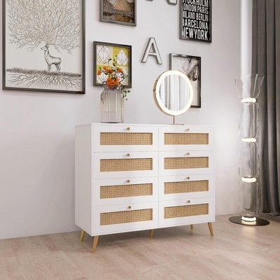 Okak Farmhouse Bedroom Dresser Nightstand with 8 Drawers Rattan Storage Chest Cabinet Face Golden Legs and Handles for Living Room Hallway, White