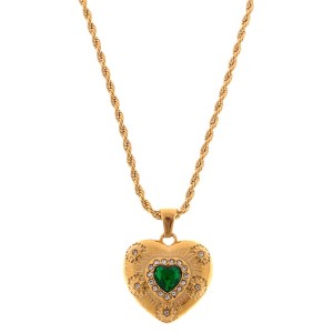 Anna-Kaci Gold Tone Heart Pendant Necklace with Green Gemstone and Crystal Accents - Gold - 1 of 4