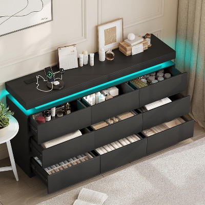 Dyoney 9-drawer vanity with power socket and LED lights, spacious storage cabinet, charging dock