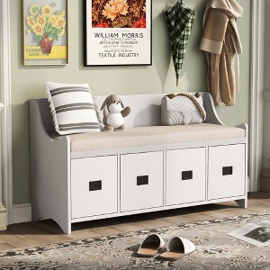 White Wood 1 White Rectangular Movable Cushion Storage Bench with Drawers & Backrest Shoe Bench - Unique Design, Multi-Purpose, Reliable Workmanship - 1 of 4