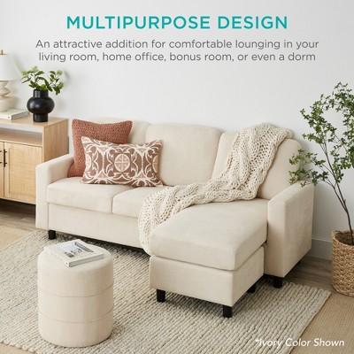 Brown Linen Sectional Sofa with Reversible Ottoman and Wood Frame
