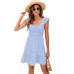 Clearlove Women's Summer Square Neck Tie Back Ruffle Sleeve Tiered A-Line Short Mini Dress - 1 of 4