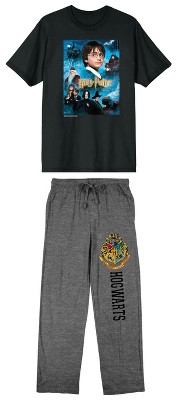 Harry Potter Men's Sleep Set With Navy Blue Short-Sleeve Tee and Charcoal Heather Drawstring Sleep Pants
