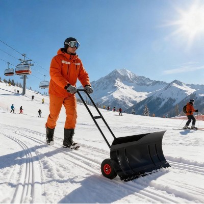 Heavy Duty Snow Shovel with Ergonomic Handle for Driveway, Push Snow Plow Shovel with Adjustable Handle, Angled Blade and Wheels