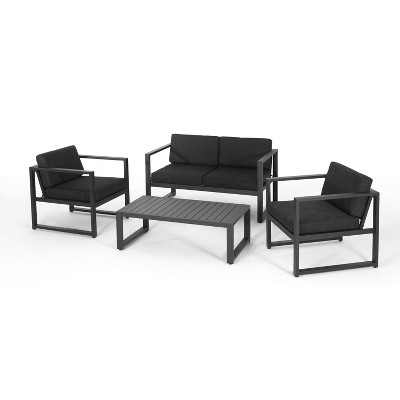 GDFStudio Navan Outdoor Aluminum 4 Seater Chat Set, Dark Gray/Black