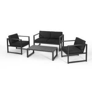 GDFStudio Navan Outdoor Aluminum 4 Seater Chat Set, Dark Gray/Black - 1 of 4