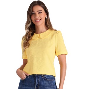 INSPIRE CHIC Women's Floral Jacquard Puff Short Sleeve Peter Pan Collar Blouse - 1 of 4