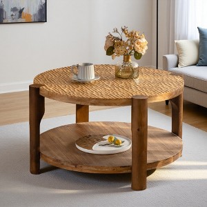 Wood Round Coffee Table with 2-Tier Shelf - 1 of 4