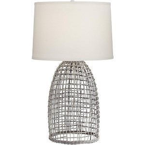 Pacific Coast Lighting Oahu 28 1/4" Tall Basket Modern Coastal End Table Lamp Cool Gray Finish Rattan Single Off-White Shade Living Room Bedroom - 1 of 4