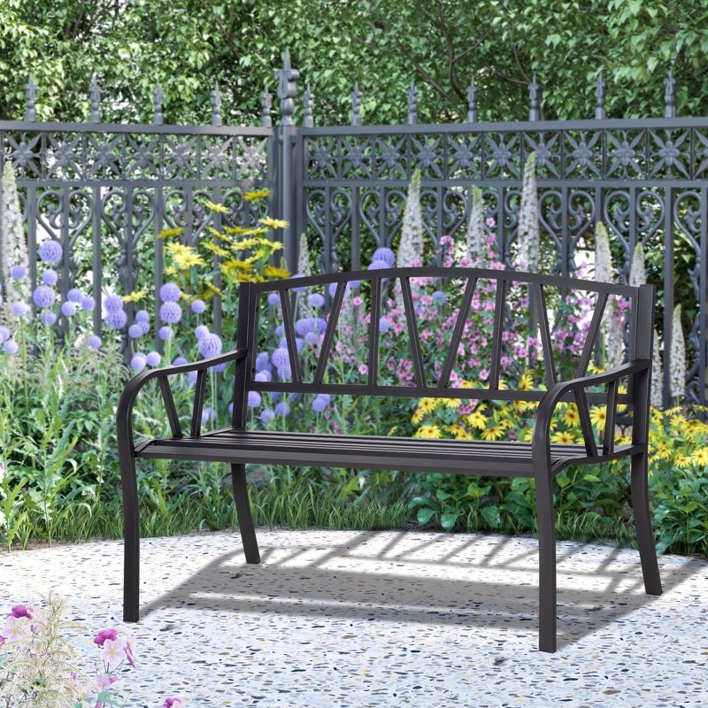 Outsunny Metal Garden Bench, Black Outdoor Bench for 2 People, Park-Style Patio Seating Decor with Armrests & Backrest, Black, 2 of 9